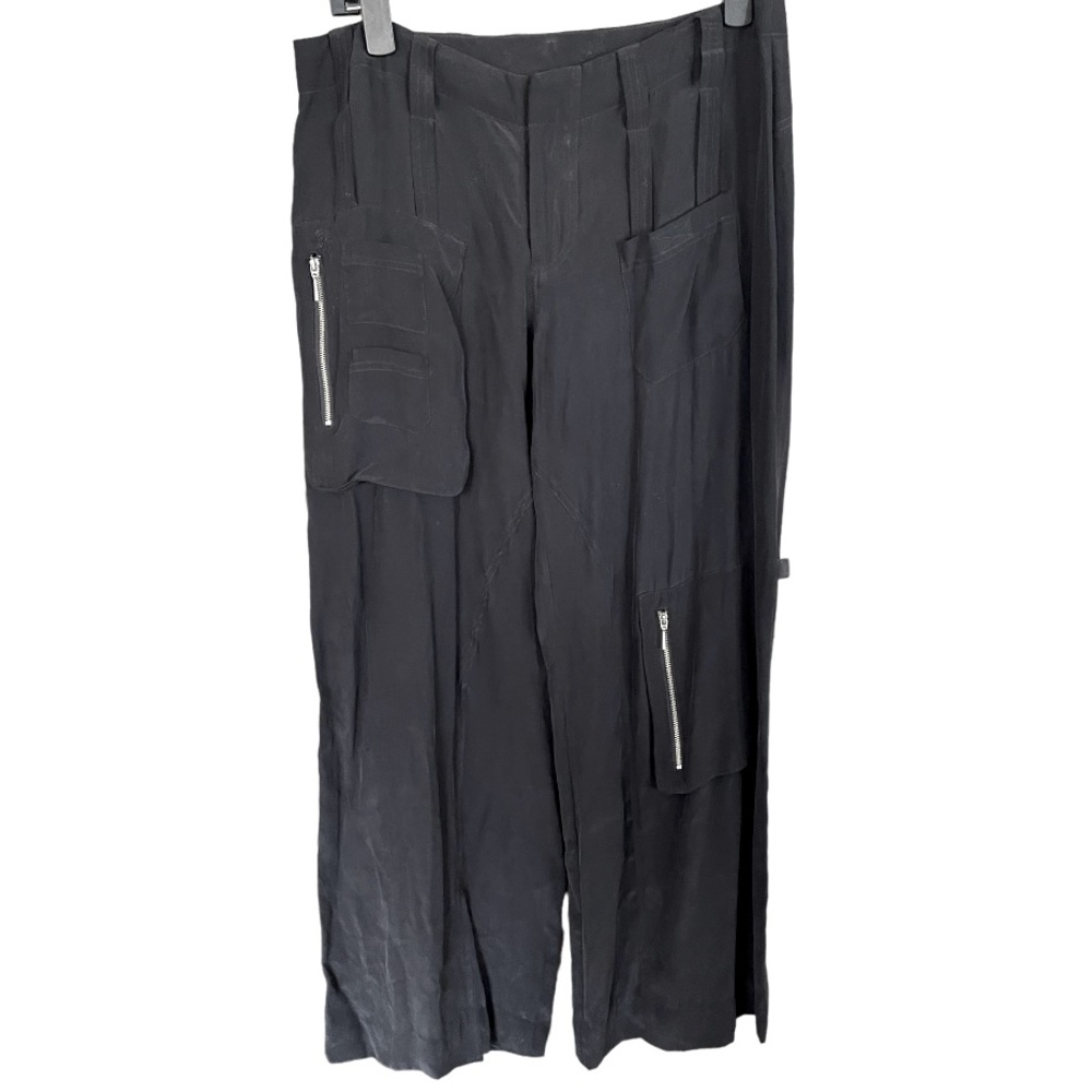 Vintage  Emma Black Silk Utility Cargo Capri‎ Wide Leg Pants Sz 6 Black